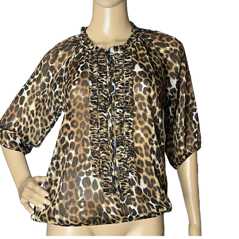 Express Women's Sheer Leopard Cheetah Blouse Top XS Ruffled Pullover Style